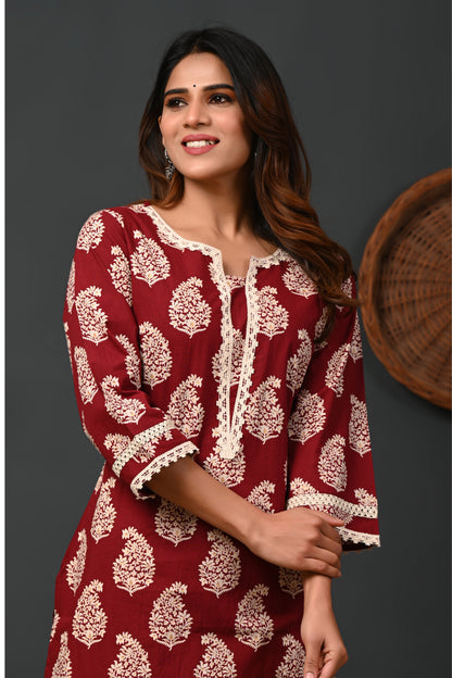 RimeLine Floral Printed Notch-Neck Straight Kurta