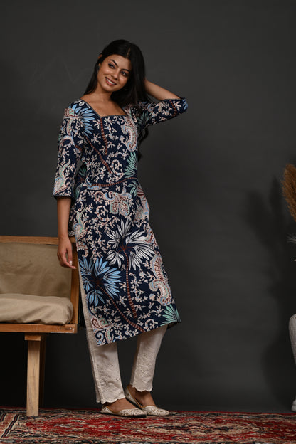 Rimeline Floral Screen Printed Square Neck Pure Cotton Straight Kurta