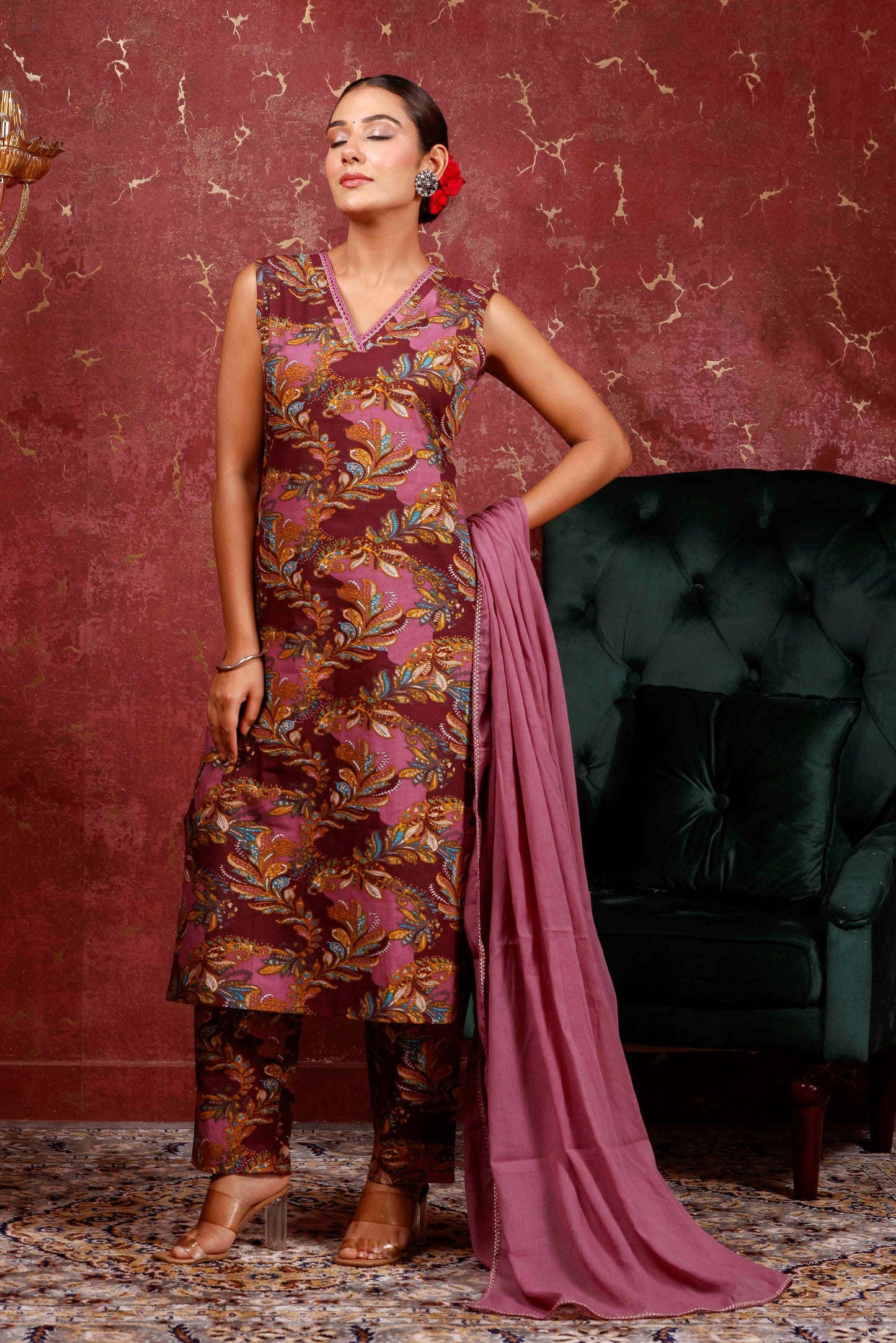 Rimeline Women Ethnic Motifs Printed Regular Pure Cotton Kurta with Trousers & Dupatta