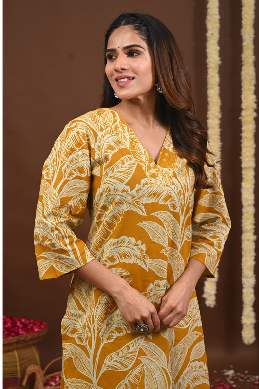RimeLine Floral Printed Mustard V-Neck Straight Kurta
