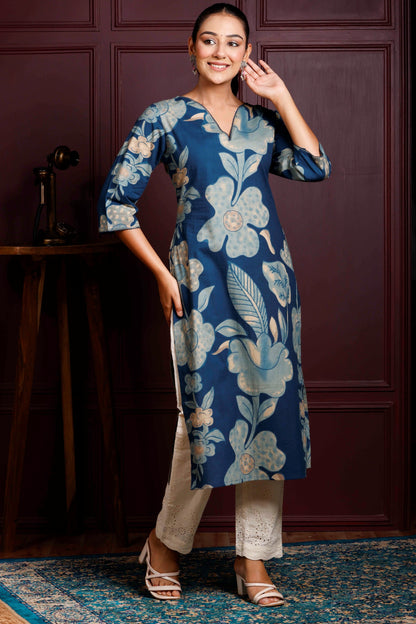 Rimeline Floral Printed V-Neck Straight Pure Cotton Kurta