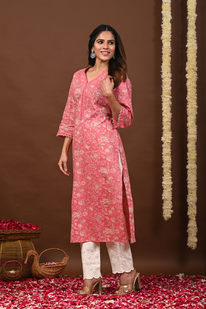 Floral Printed V-Neck Pure Cotton Straight Kurtas - Rimeline