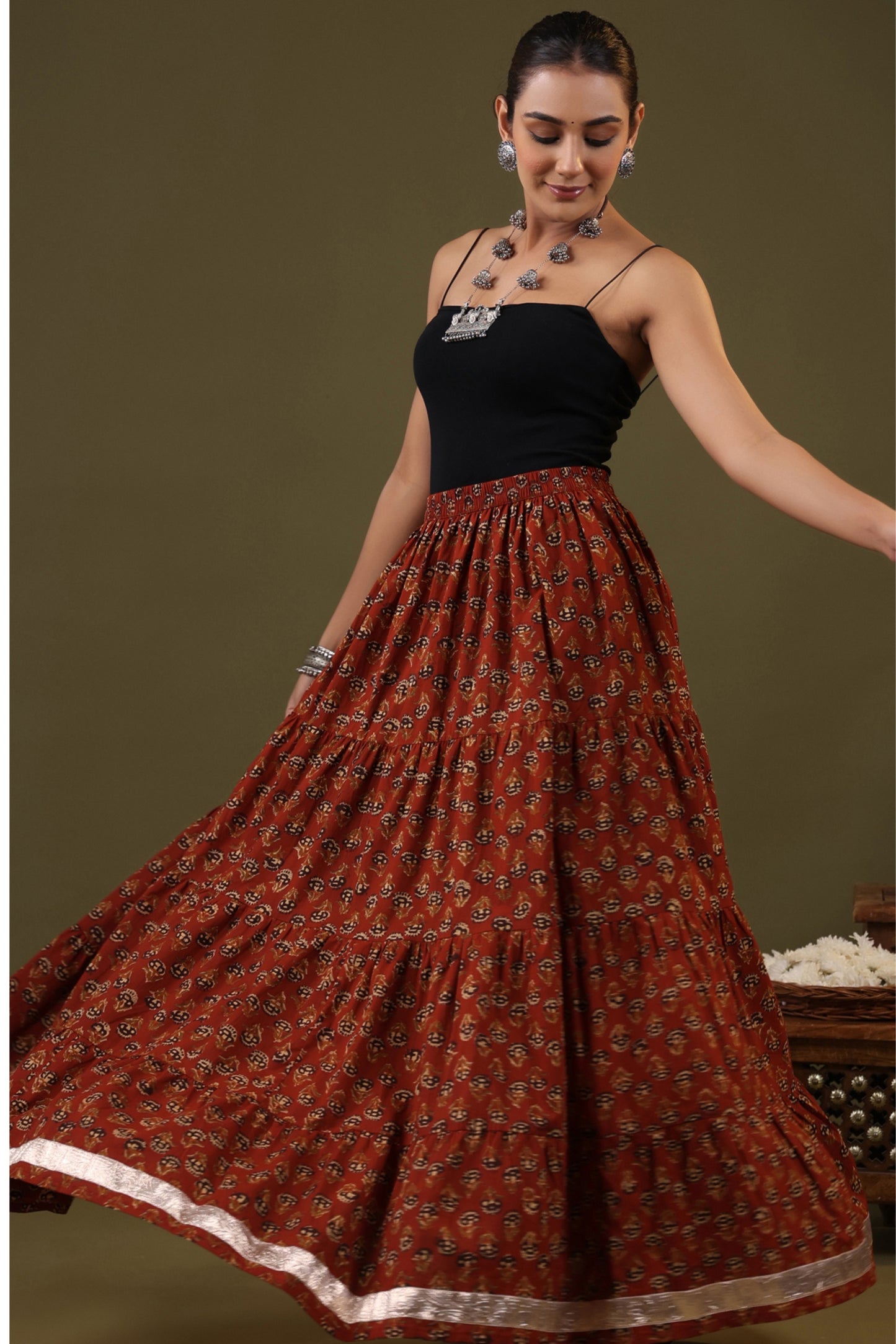 Rimeline Printed Pure Cotton Flared Tiered Maxi Skirt