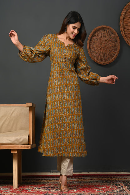 Rimeline Ethnic Motifs Printed Round Neck Puff Sleeves Pure Cotton Kurta