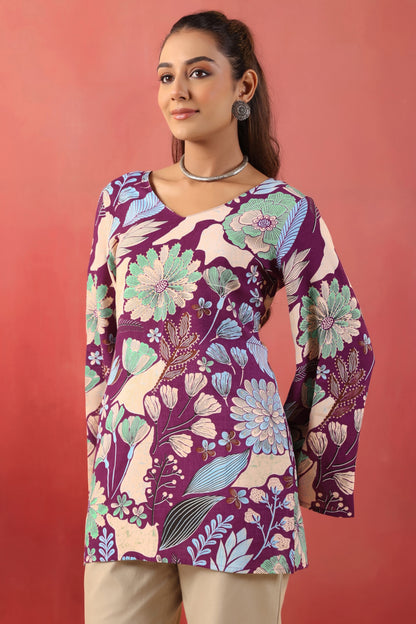 Rimeline Women Purple Floral Printed V-Neck Cotton Short Kurti