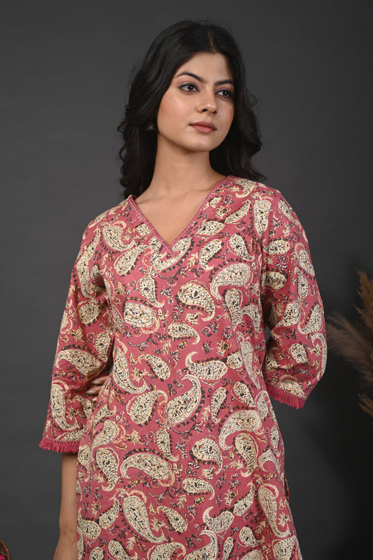Rimeline Floral Printed V-Neck Cotton Straight Kurta