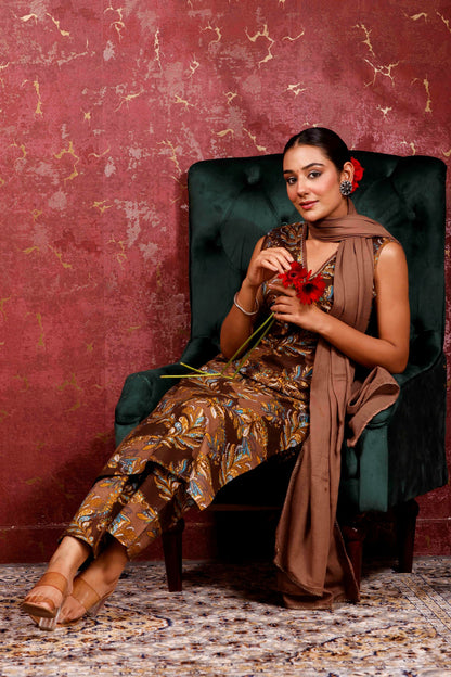 Rimeline Ethnic Motifs Printed V-Neck Pure Cotton Kurta With Trousers & Dupatta