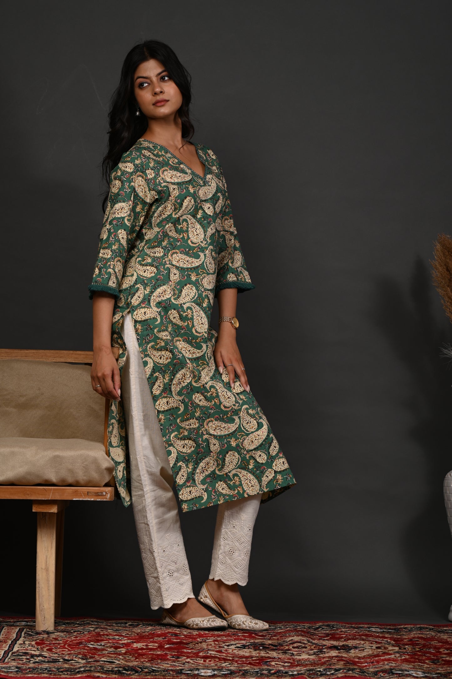 Rimeline Floral Printed V-Neck Cotton Straight Kurta