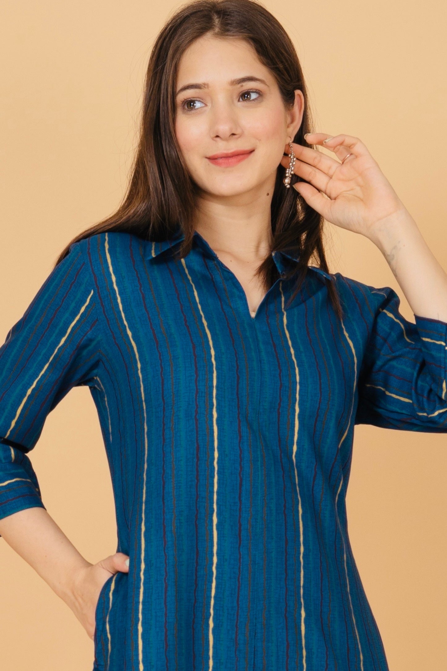 RimeLine Blue Collered Neck Kurti For Women