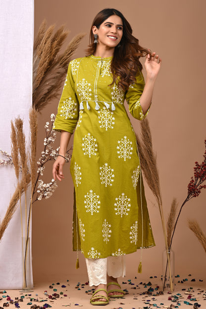 RimeLine Mesh Green Mandain Neck Kurti For Women