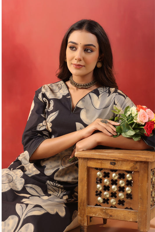 Rimeline Floral Printed V-Neck Pure Cotton Straight Kurta