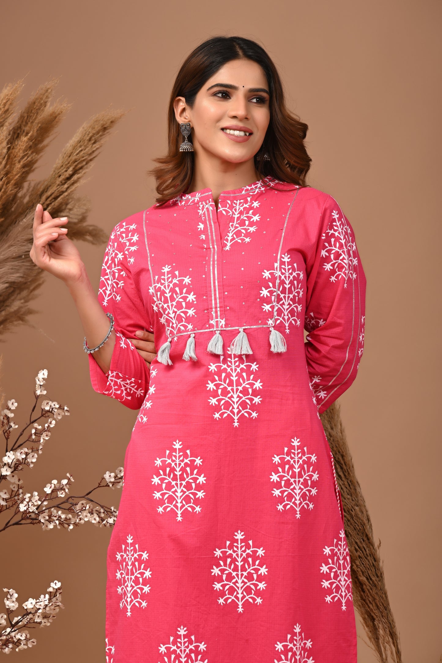 RimeLine Mesh Pink Mandain Neck Kurti For Women