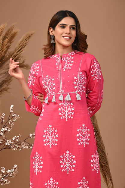 RimeLine Mesh Pink Mandain Neck Kurti For Women