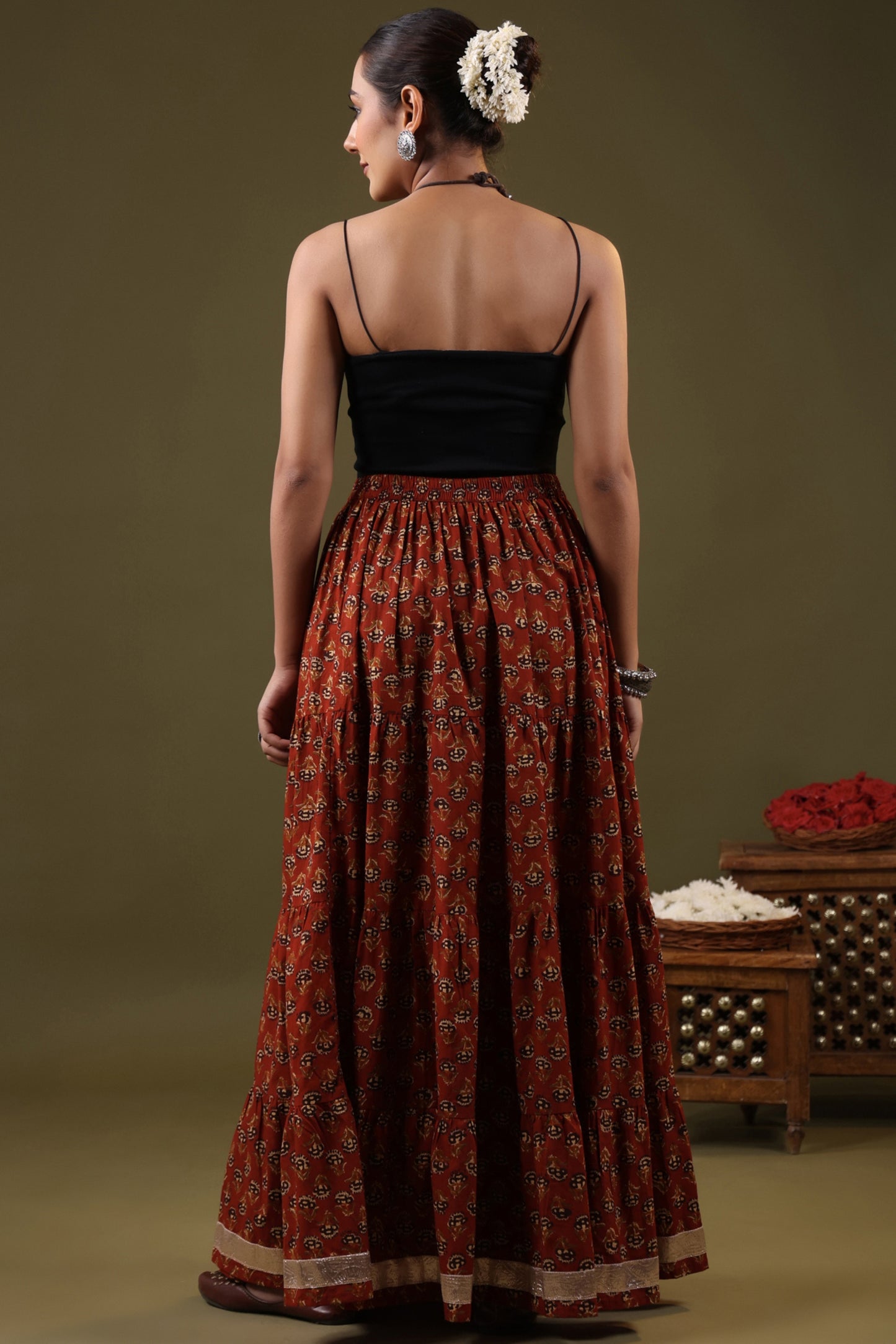 Rimeline Printed Pure Cotton Flared Tiered Maxi Skirt