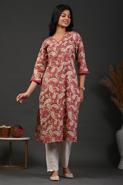 Rimeline Floral Printed V-Neck Cotton Straight Kurta