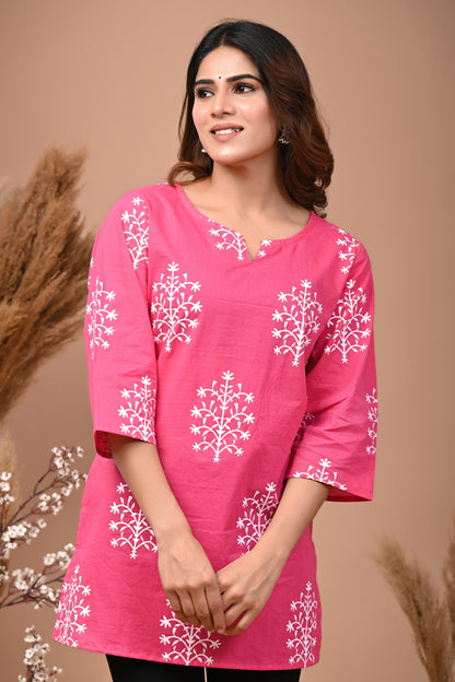 RimeLine Pink Ethnic Motifs Printed Round-Neck Cotton Kurti