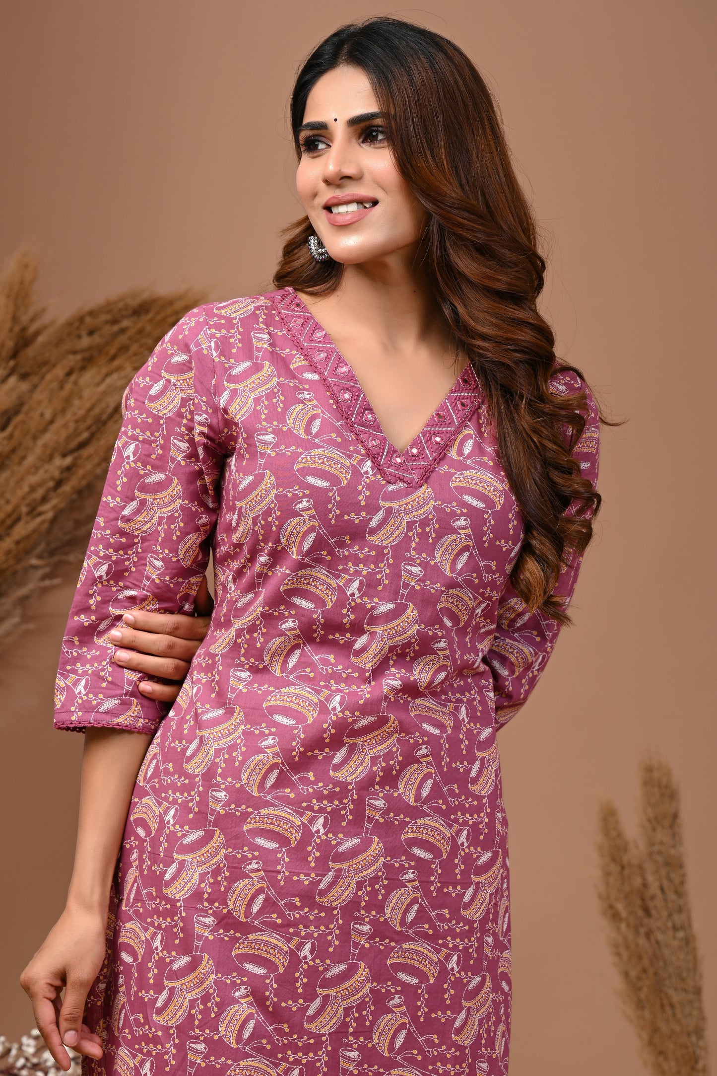 RimeLine Purple Ethnic Motifs Printed V-Neck Cotton Kurti