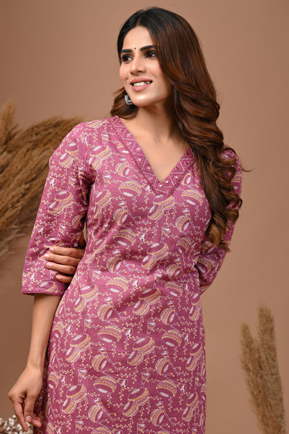 RimeLine Purple Ethnic Motifs Printed V-Neck Cotton Kurti