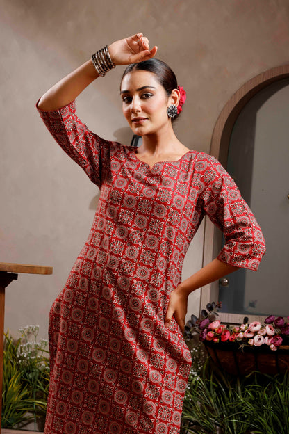 Rimeline Ethnic Motifs Printed Notch Neck Straight Cotton Kurta