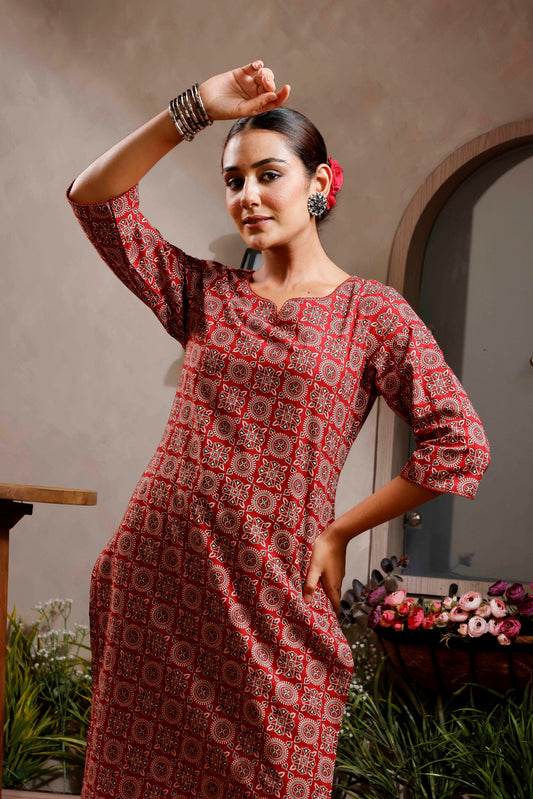 Rimeline Ethnic Motifs Printed Notch Neck Straight Cotton Kurta