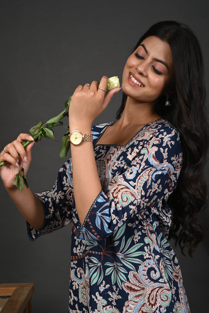 Rimeline Floral Screen Printed Square Neck Pure Cotton Straight Kurta