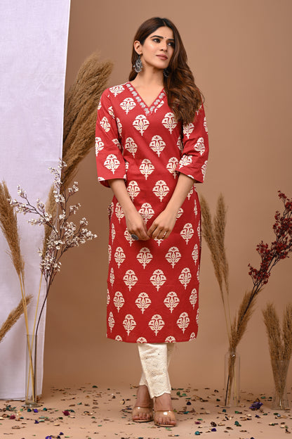 Rimeline Ethnic Motifs Printed Pure Cotton Straight Kurta