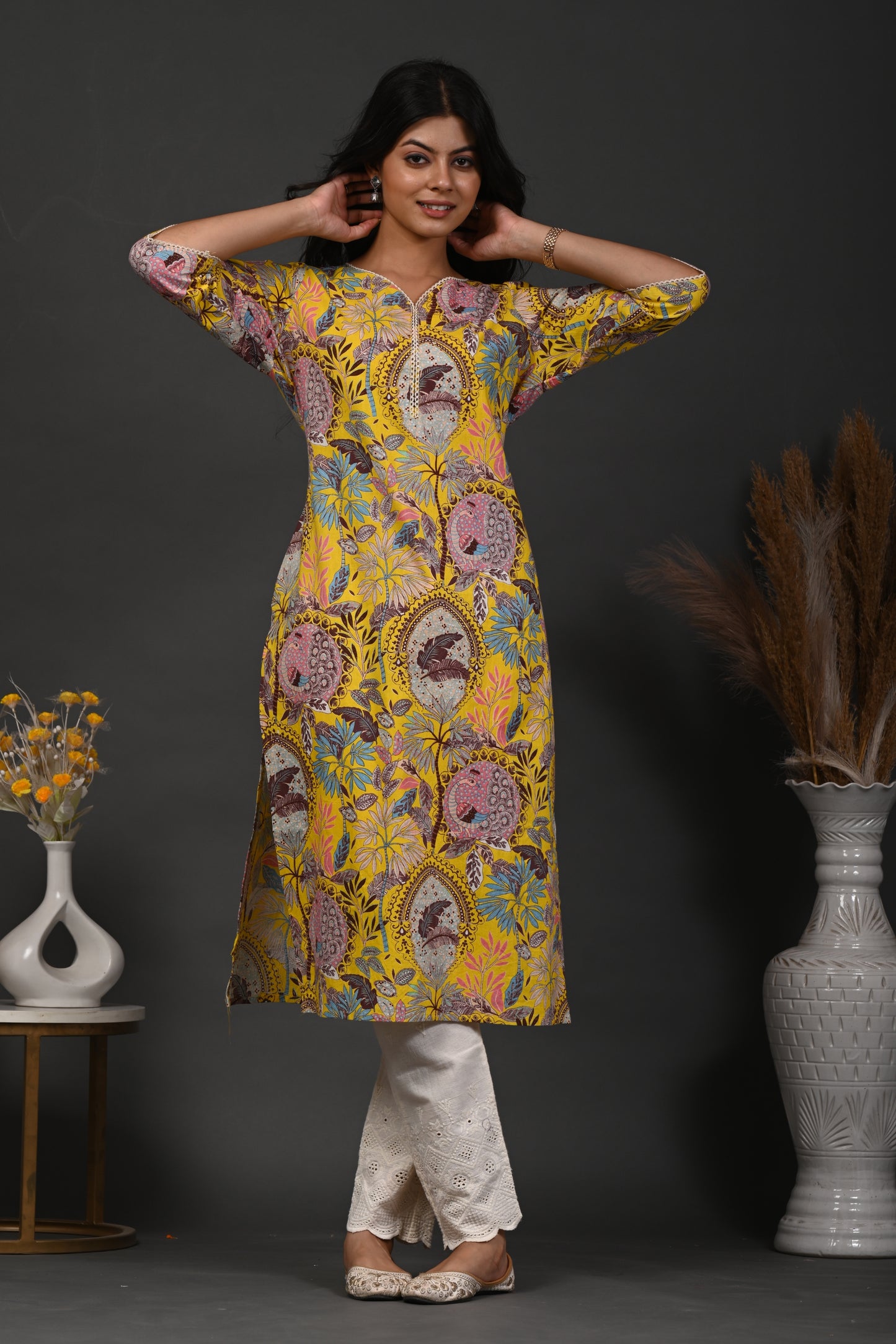 Rimeline Floral Screen Printed Sweetheart Neck Pure Cotton Straight Kurta