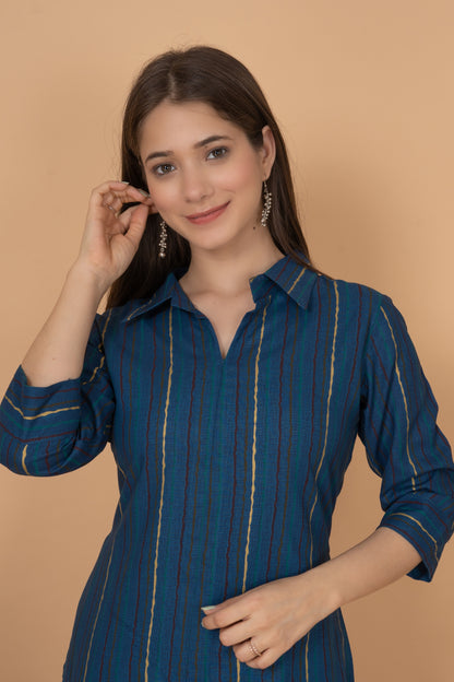 RimeLine Blue Collered Neck Kurti For Women