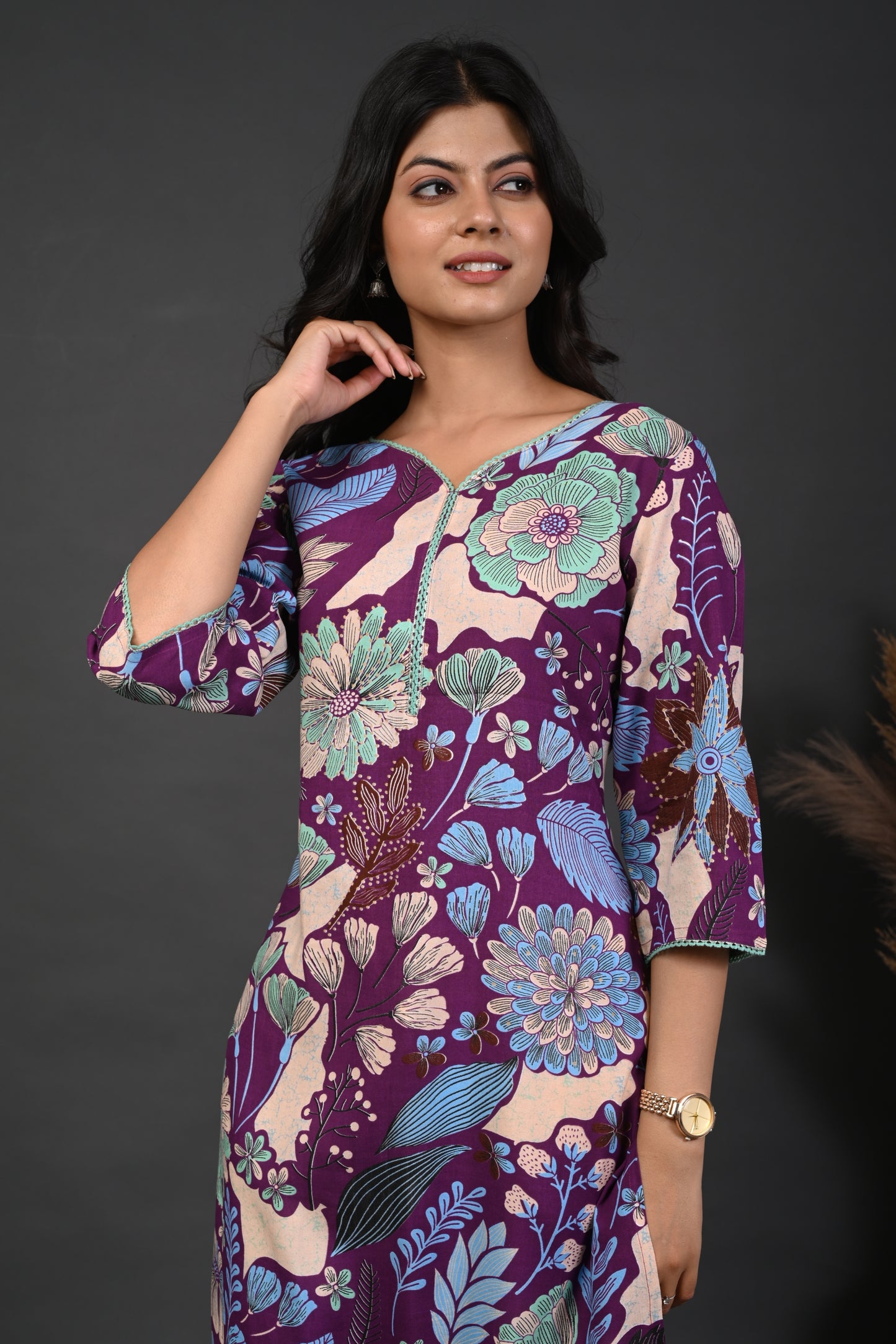 Rimeline Floral Screen Printed Sweetheart Neck Pure Cotton Straight Kurta