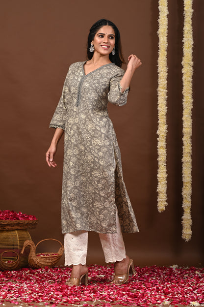Rimeline Floral Printed V-Neck Pure Cotton Straight Kurtas