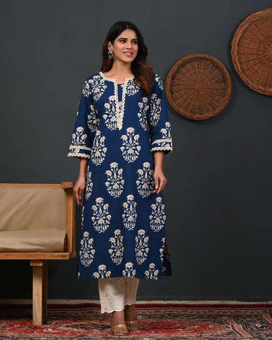 RimeLine Floral Printed Notch-Neck Straight Kurta