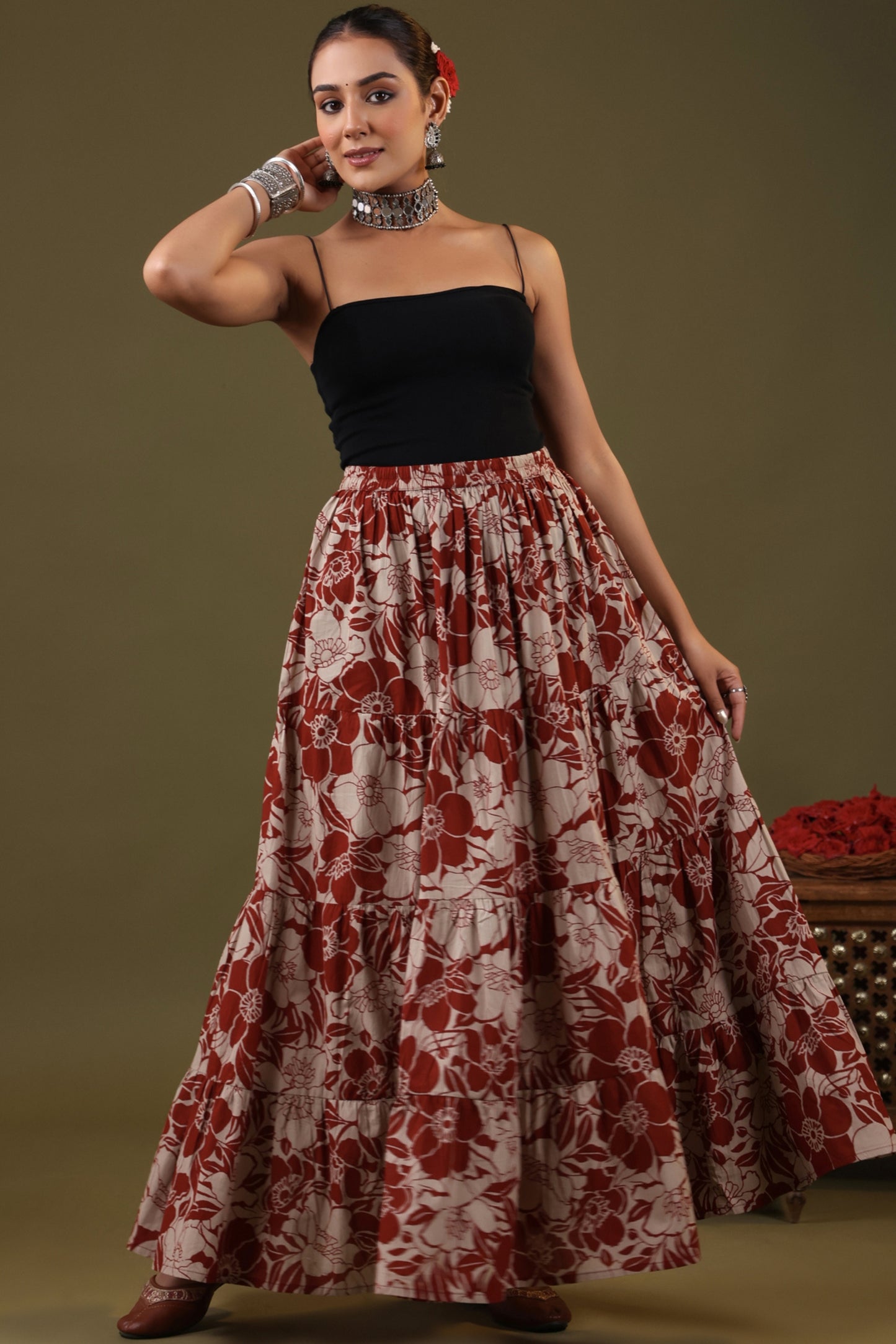 Rimeline Floral Printed Pure Cotton Flared Maxi Skirt