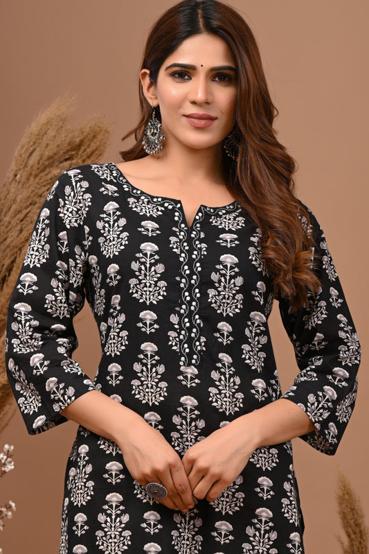 Floral Printed Notch Neck Pure Cotton Straight Kurta - Rimeline