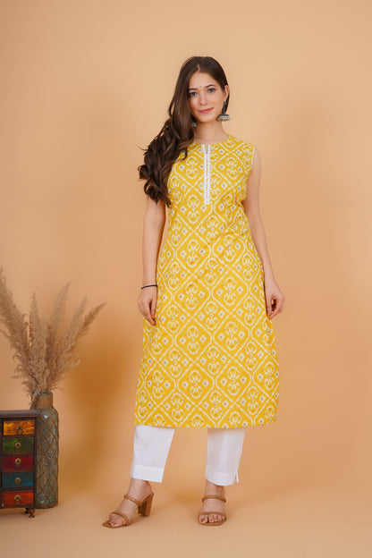 RimeLine Yellow Ethnic motifs printed Round neck Sleeveless Straight Kurta for Women