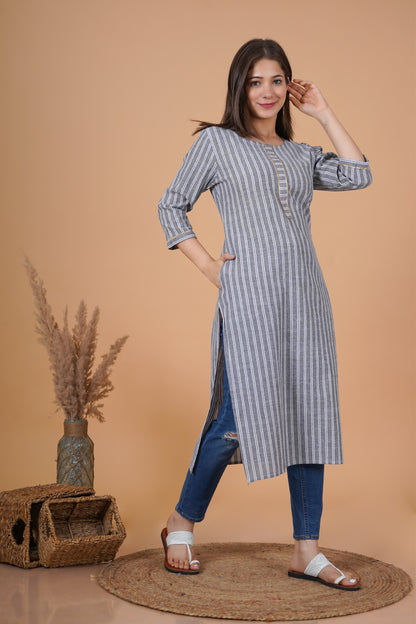 RimeLine Round Neck stripped Straight kurta for women - Rimeline