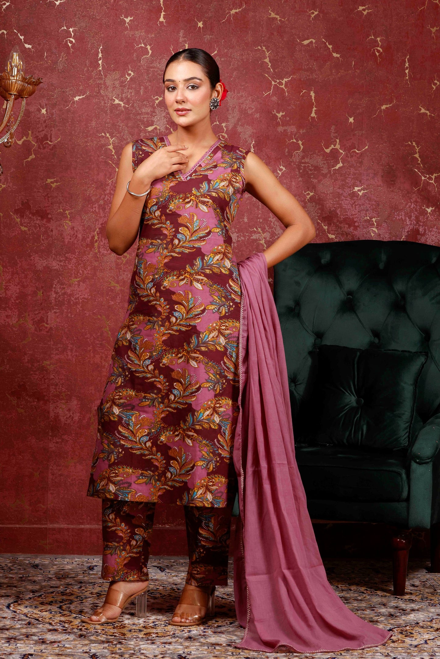 Rimeline Women Ethnic Motifs Printed Regular Pure Cotton Kurta with Trousers & Dupatta