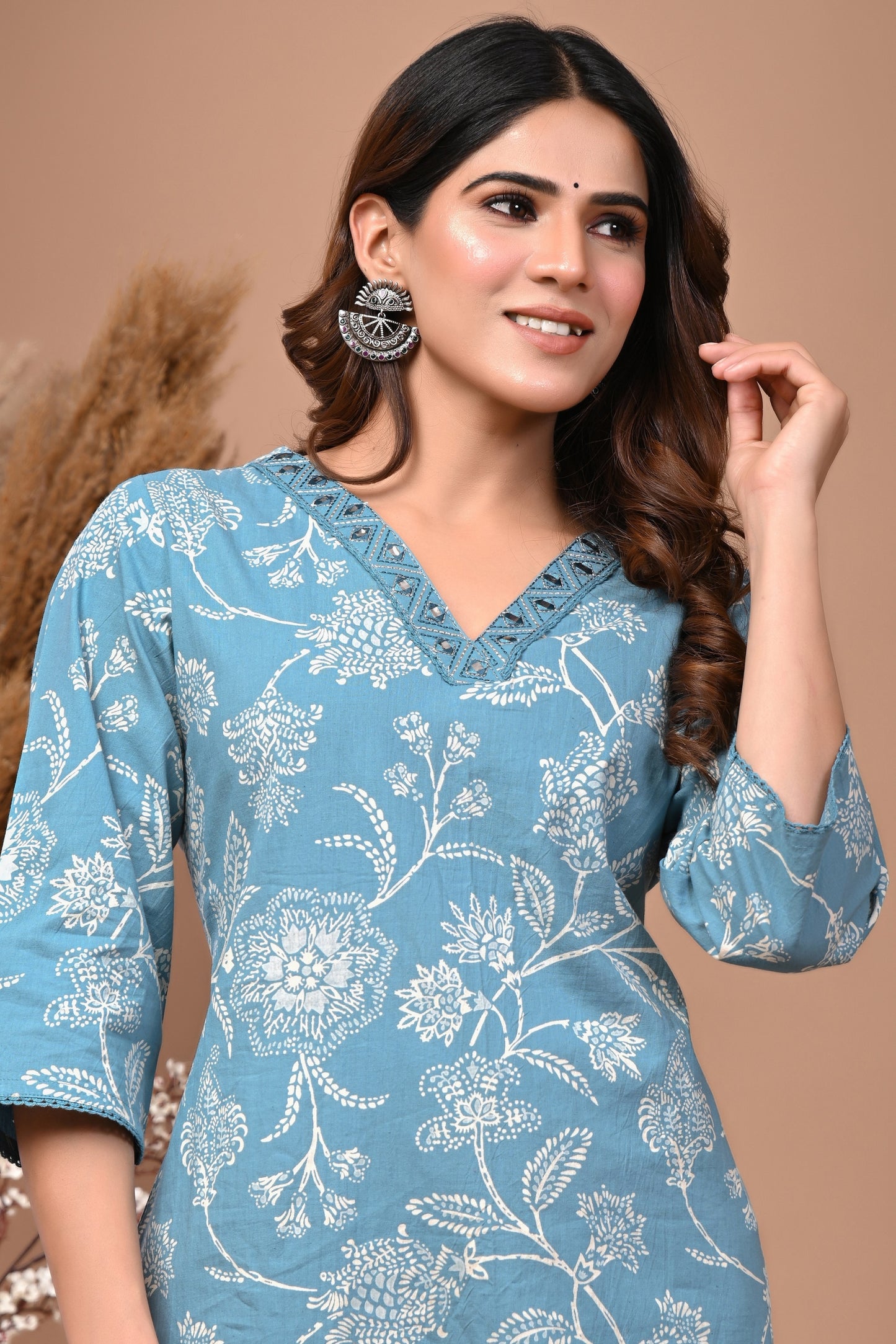 RimeLine Aqua Embroidered Printed V-Neck Kurti for women