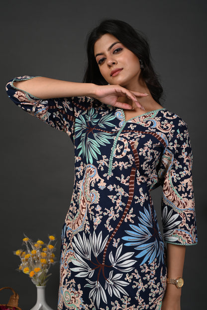 Rimeline Floral Screen Printed Sweetheart Neck Pure Cotton Straight Kurta