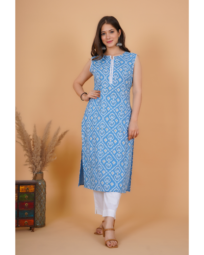 RimeLine Ethnic motifs printed Round neck Sleeveless Blue Straight Kurta for Women