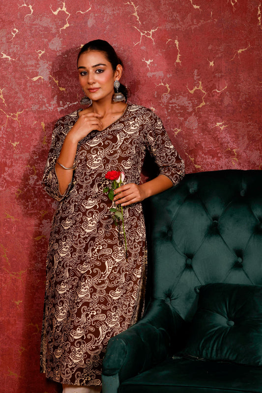 Rimeline Women Ethnic Motifs Printed Round Neck Pure Cotton Straight Kurta