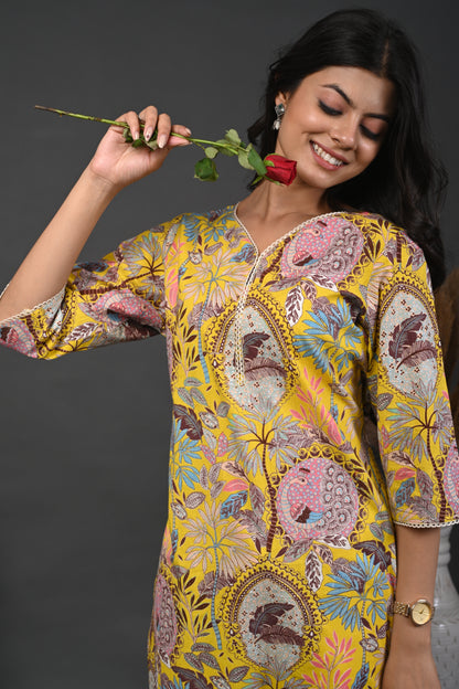Rimeline Floral Screen Printed Sweetheart Neck Pure Cotton Straight Kurta