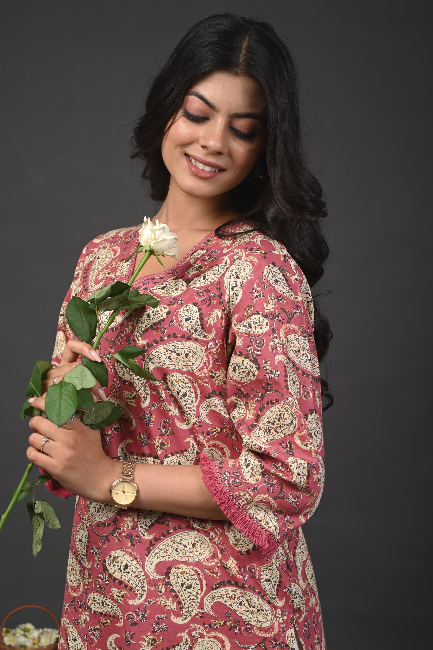Rimeline Floral Printed V-Neck Cotton Straight Kurta