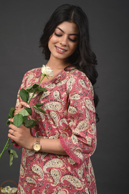 Rimeline Floral Printed V-Neck Cotton Straight Kurta