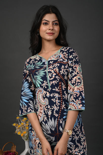 Rimeline Floral Screen Printed Sweetheart Neck Pure Cotton Straight Kurta