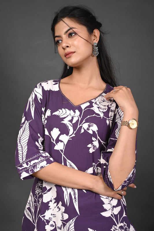 Rimeline Floral Screen Printed Sweetheart Neck Pure Cotton Straight Kurta
