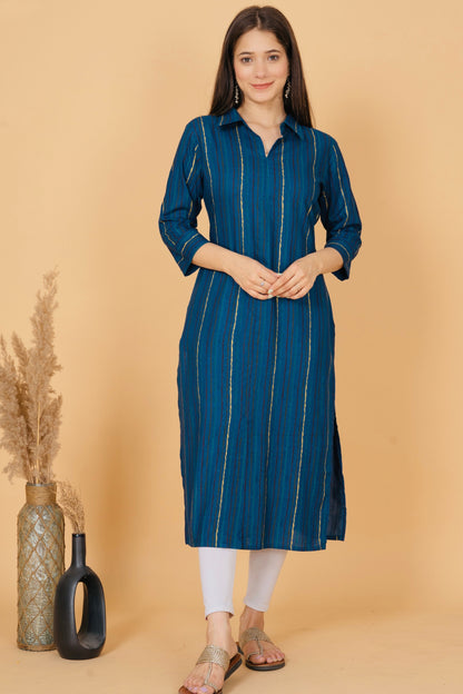 RimeLine Blue Collered Neck Kurti For Women