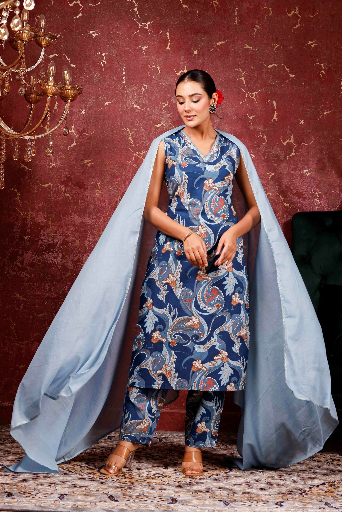 Rimeline Women Floral Printed Cotton Kurta with Trousers & Dupatta