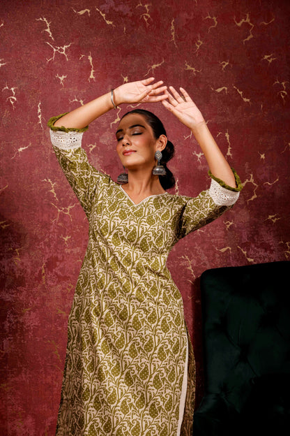 Rimeline Ethnic Motifs Printed V-Neck Cotton Straight Kurta