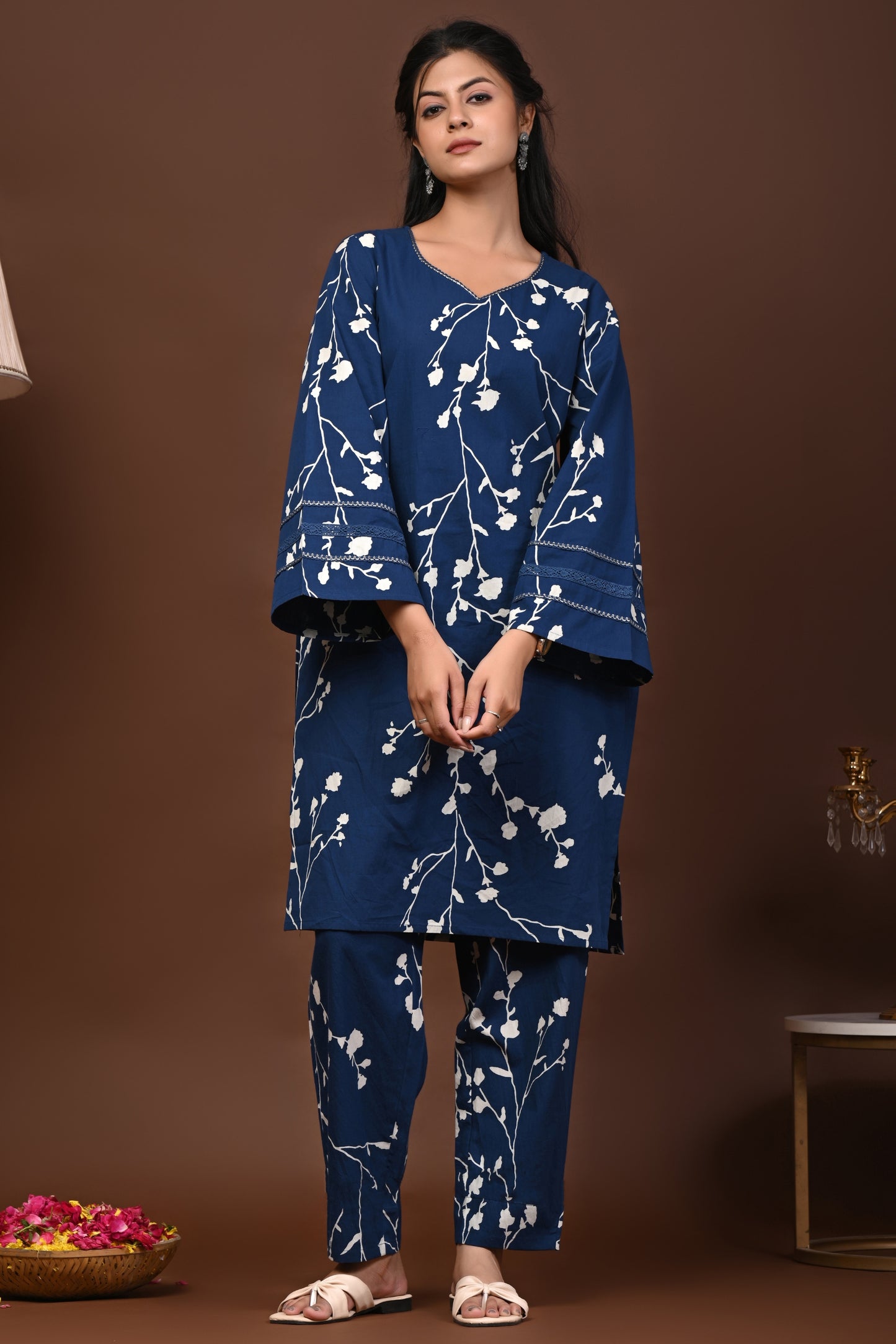 Rimeline Floral Printed V-Neck Flared Sleeves Pure Cotton Straight Kurta With Trouser