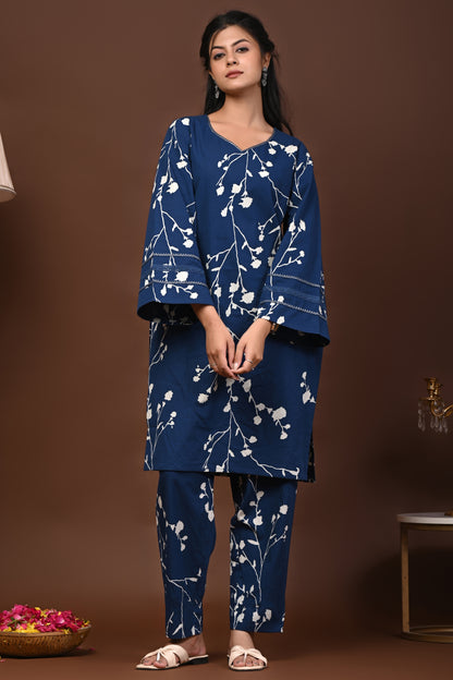 Rimeline Floral Printed V-Neck Flared Sleeves Pure Cotton Straight Kurta With Trouser
